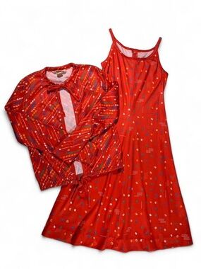 Vintage Gay Gibson Red Patterned Dress and Jacket Set True 70’s